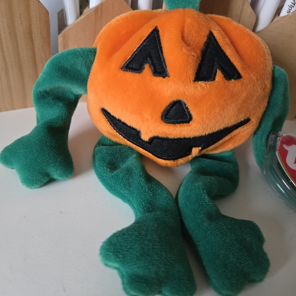 Ty 1998 pumpk'n the pumpkin beanie baby jack-o-lantern tag with cover orange 90s - Picture 14 of 16